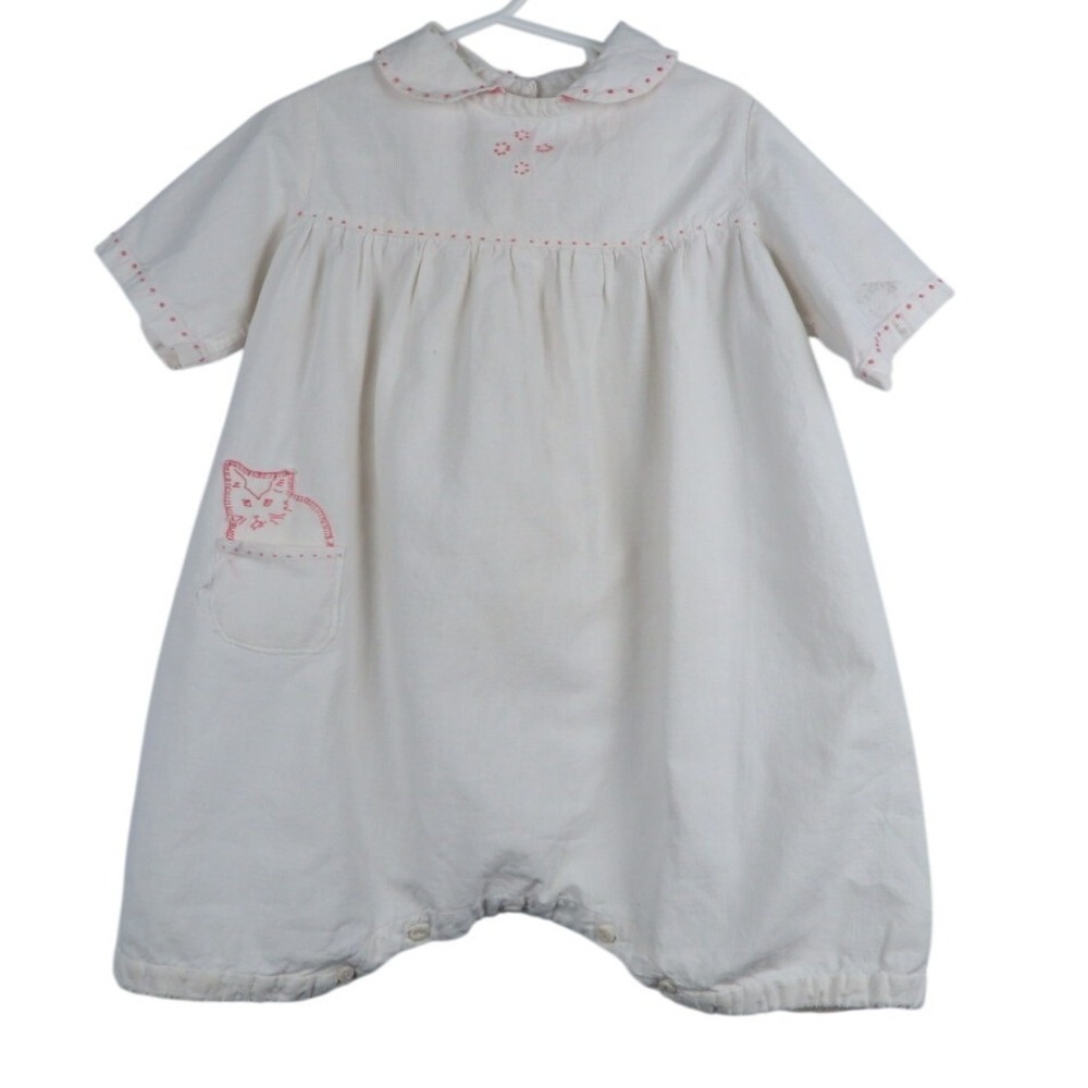 Handmade Antique Cotton Jumpsuit Applique Kitten Pocket Romper Girls Outfit‎